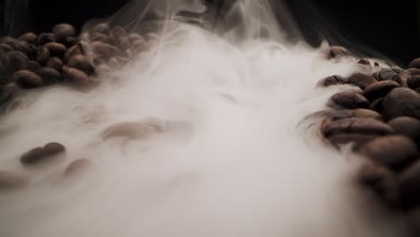 macro probe shot of roasting smoke over coffee beans. dolly in and close up