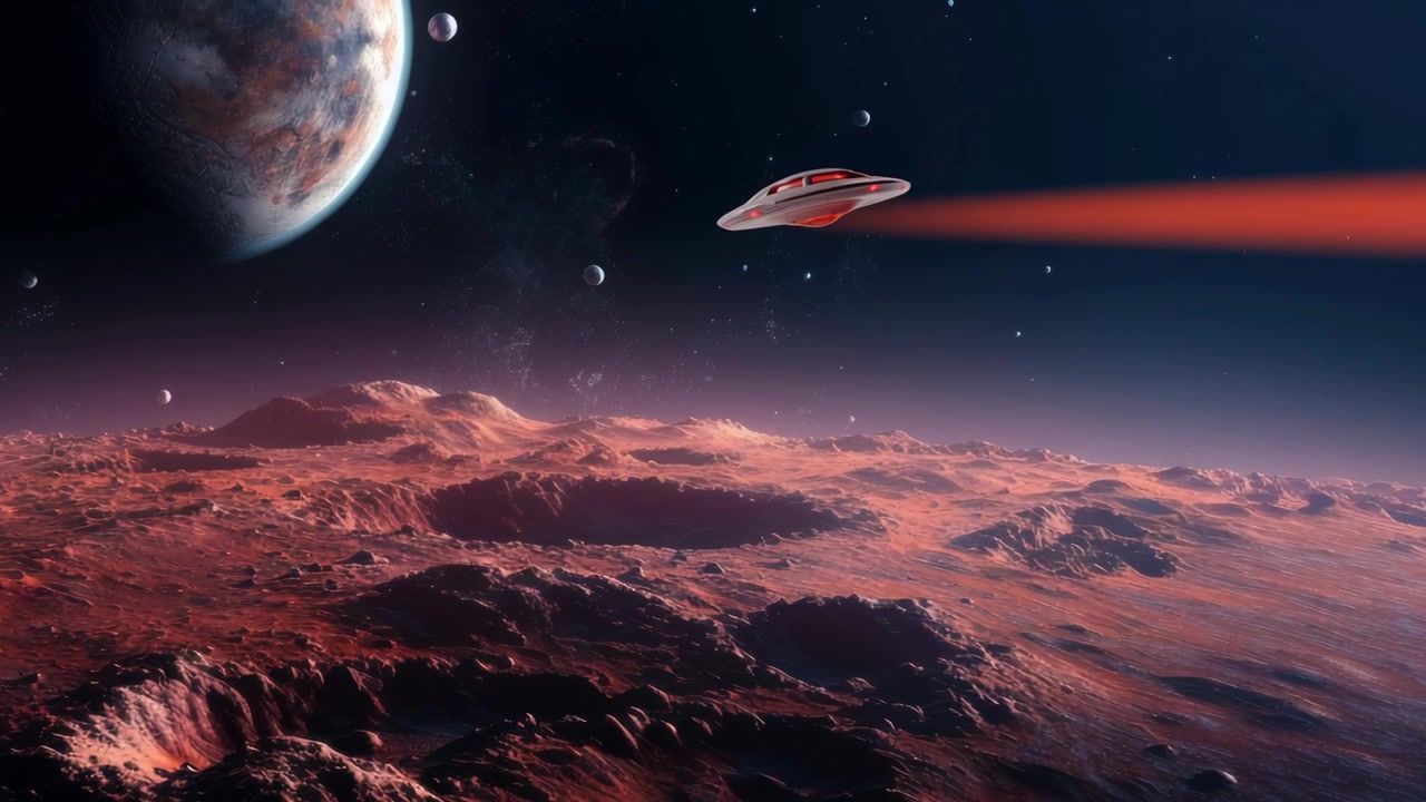 UFO som flyr over fremmed planetoverflate med rød laserstråle