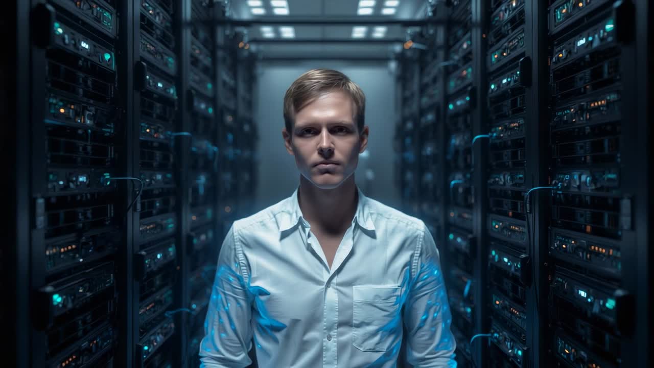Straightening posture technician raising gaze after bowing head amid server racks to face camera