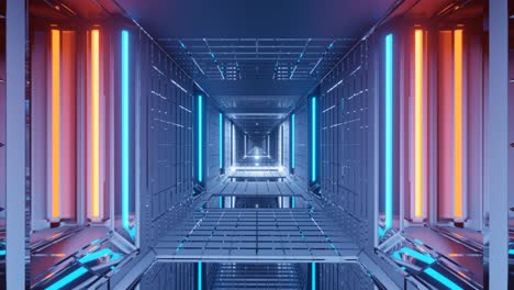 motion graphics sci fi: travel inside futuristic long grey mirrored glass square tunnel with tiled floor, ceiling and walls towards white blinking lights