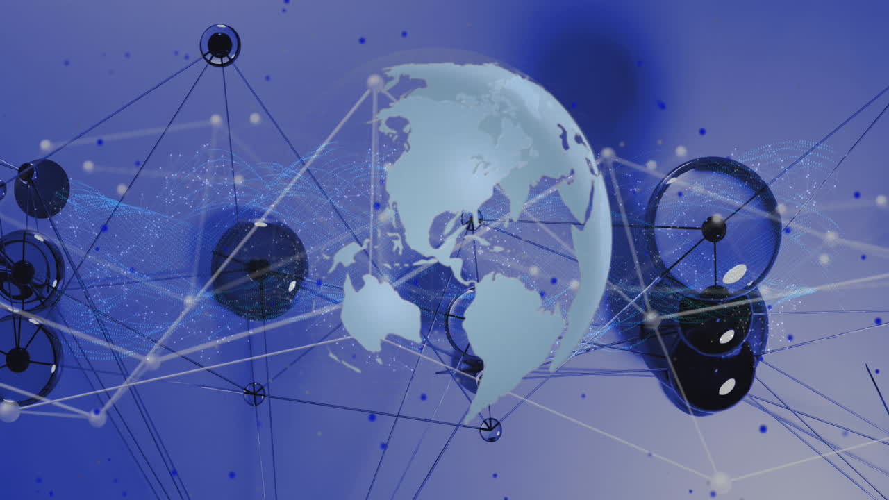 animación de la red de conexiones sobre un globo giratorio contra un fondo de gradiente azul