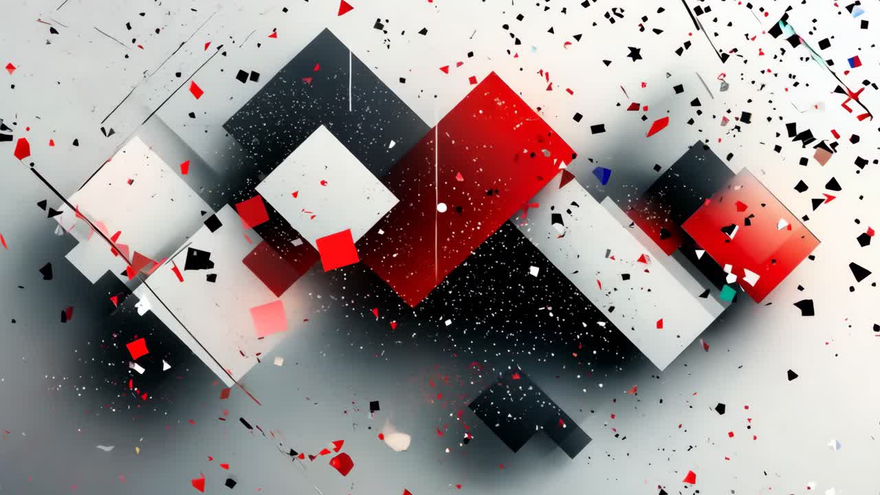 A colorful abstract painting with red, black, and white squares. The painting is full of energy and movement, with the squares overlapping and intersecting in various ways