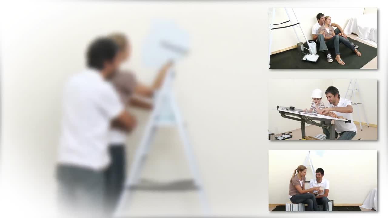 animación de una familia feliz decorando una casa nueva