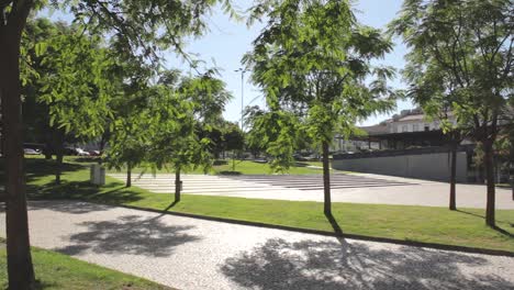 urban city park trees pavement noon sun sunny grass blue sky portugal slider movement