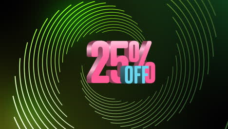 animation of 25 percent off over green spiral on black background