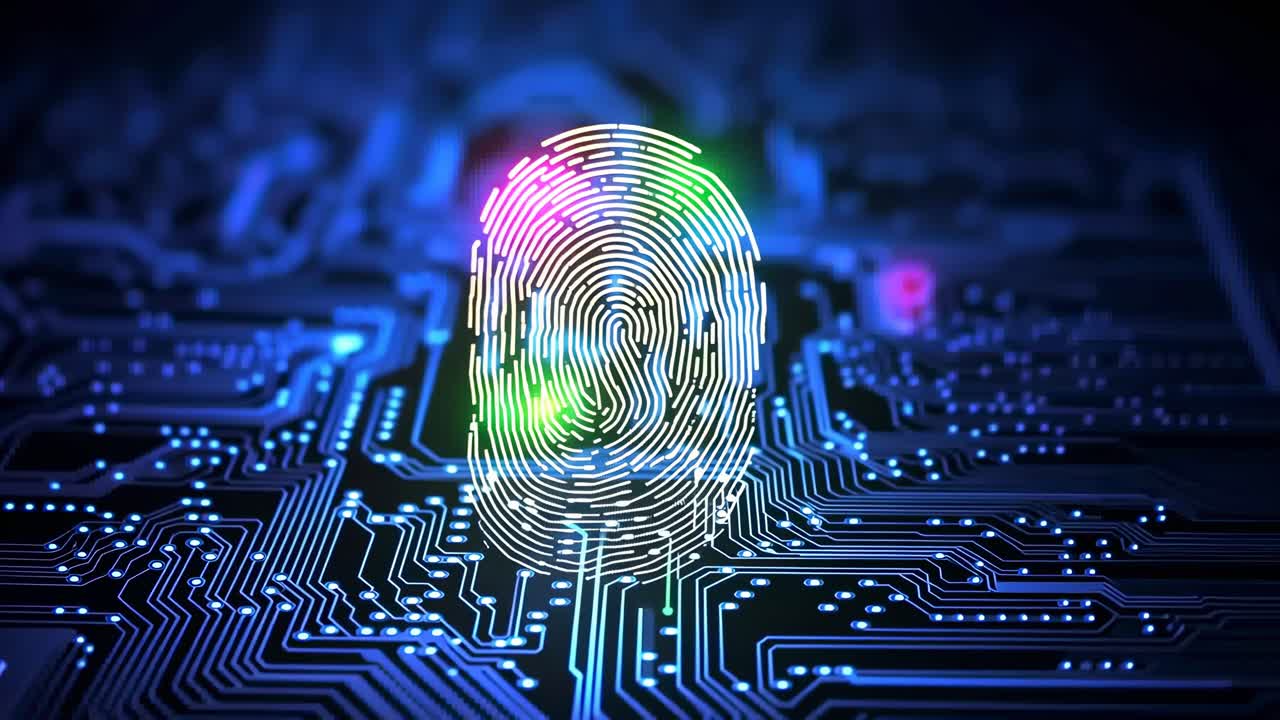 Futuristic video concept of a glowing fingerprint on a circuit board