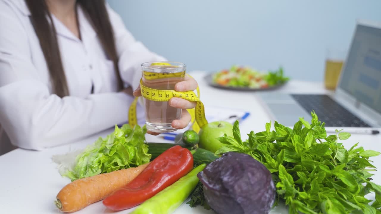 un médico dietista entregando fruta a la cámara.