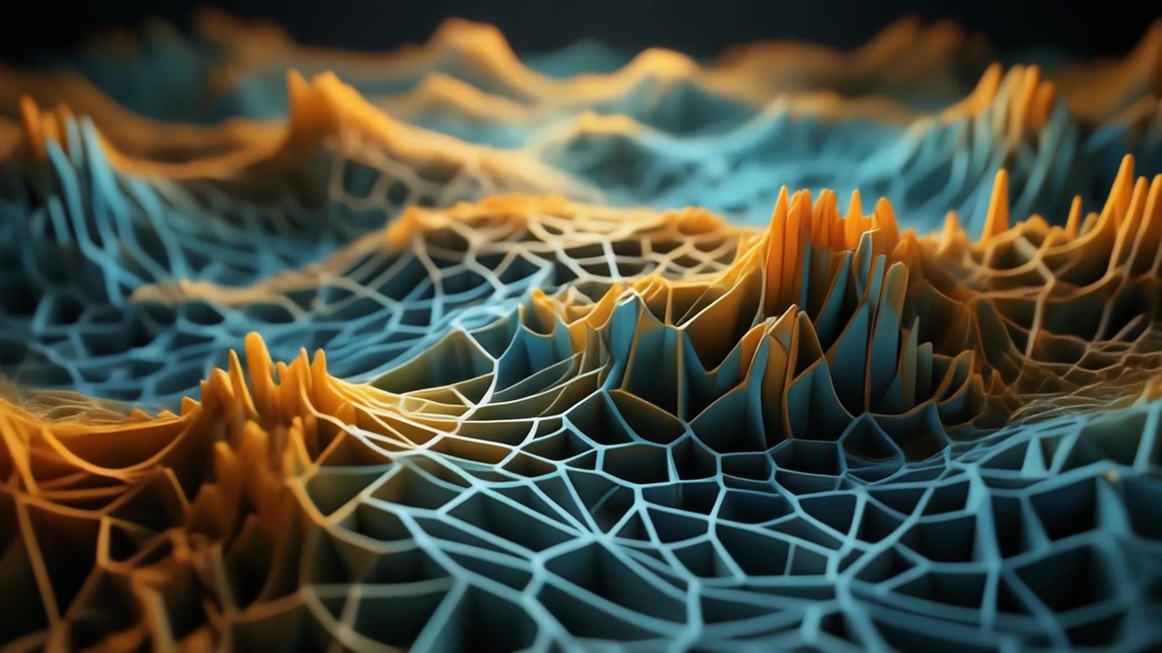Abstract 3D Geometric Landscape with Flowing Orange and Blue Waves