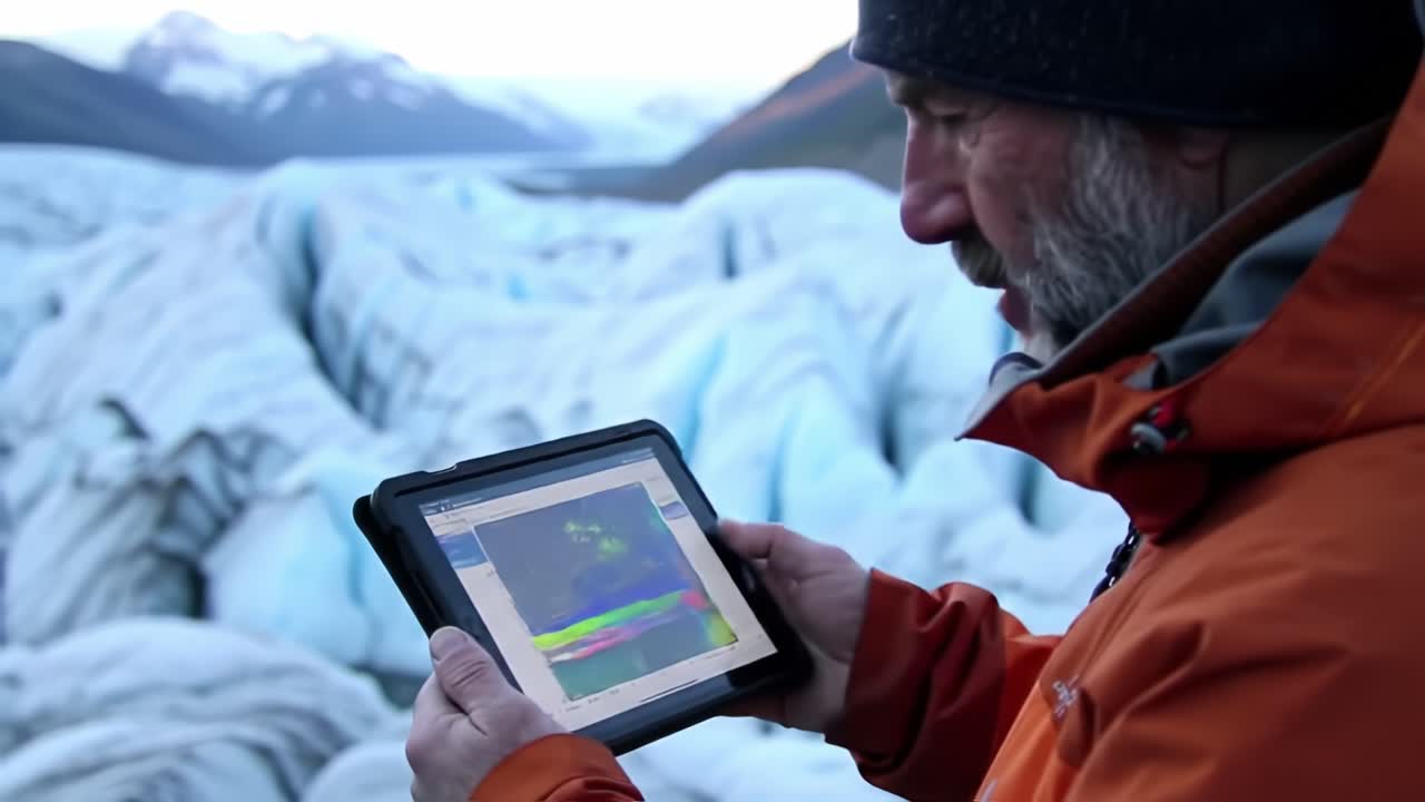 A researcher in an orange jacket reviews glacier data on a tablet while surrounded by stunning ice formations at sunset in Alaska. The landscape is breathtakingly beautiful and remote.