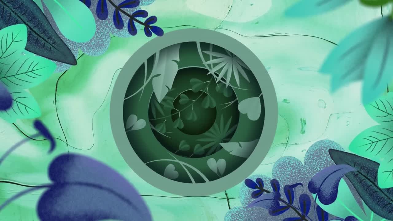 hojas de plantas marrones, verdes y azules sobre escáner circular giratorio y ondas de energía verde