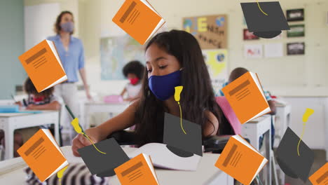 animación de elementos escolares iconos que se mueven sobre los escolares que llevan máscaras faciales