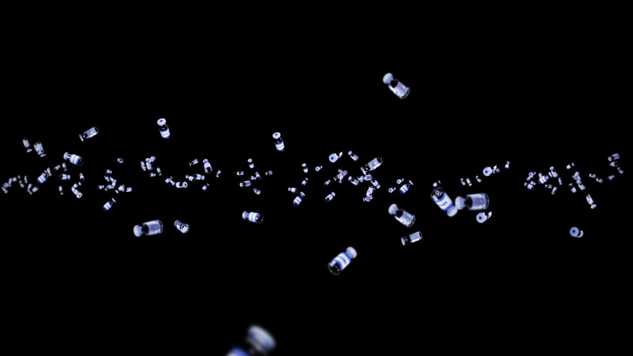 검은색 배경에 많은 백신 병을 날리는 의료 개념 바이러스 치료 투명 액체 백신의 3d 루프 애니메이션