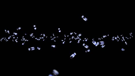 flying many vaccine bottles on black background. medical concept. virus cure. transparent liquid. 3d loop animation of vaccines.