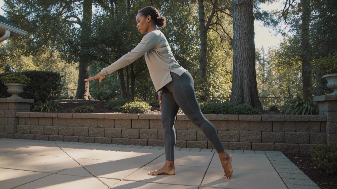 Balancing woman in long-sleeve top, leggings practicing reach from left-leg shift on tiled patio
