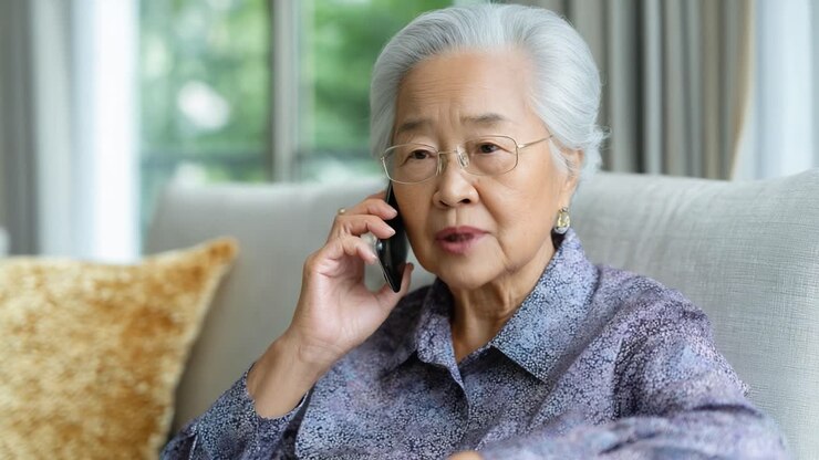 An elderly woman engaged in a phone conversation, showcasing expressions of concern and connection in a peaceful home environment, reflecting the importance of communication across generations
