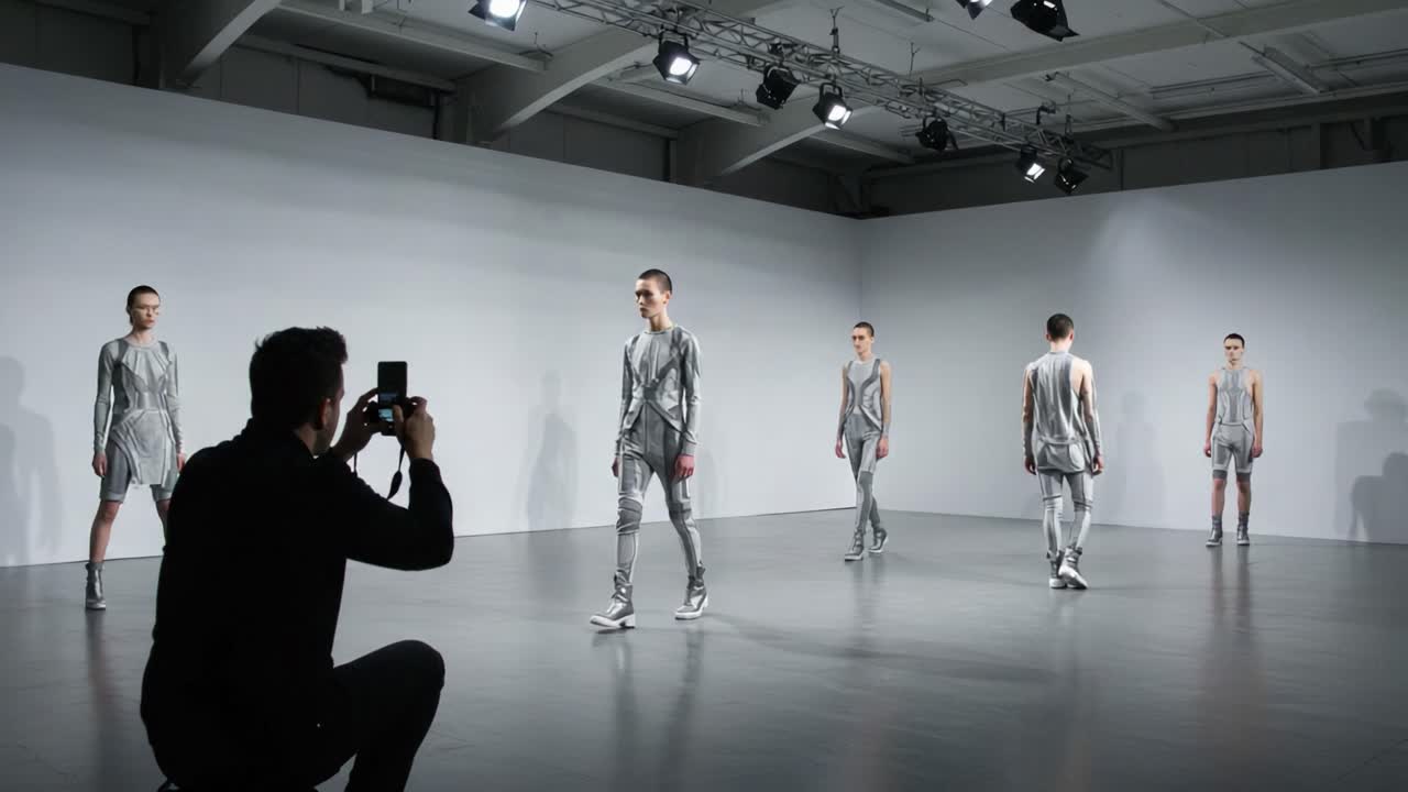 A Contemporary Fashion Shoot Captured in Two Frames: A Photographer Documenting the Dynamic Movement of Models Showcasing Innovative Designs on the Runway