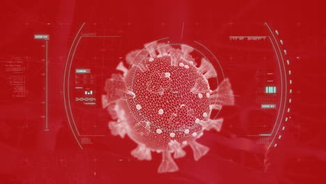 animation of virus cell over scope scanning and data processing on red background