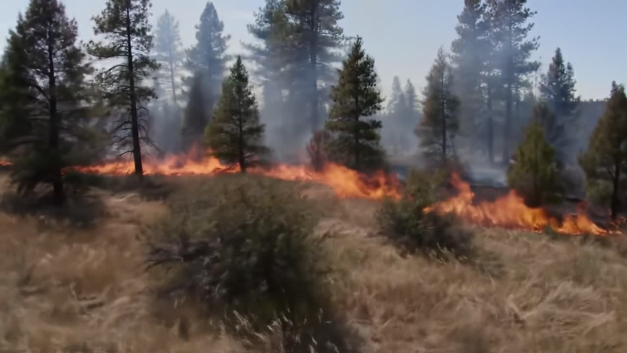 Intense Wildfire Engulfs Forest Landscape, Scorches Vegetation and Creates Thick Smoke as Flames Dance Among the Trees in This Dramatic Scene of Nature's Fury