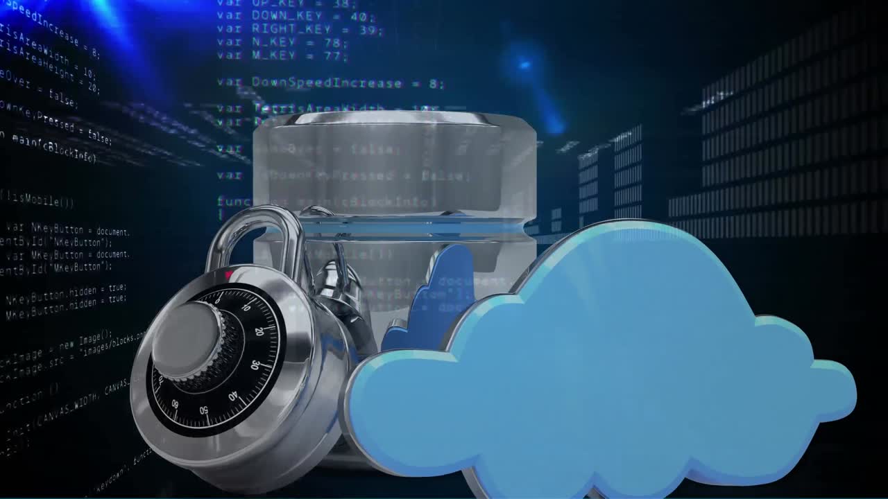 animación del candado, la nube digital azul y el servidor plateado sobre el procesamiento de datos