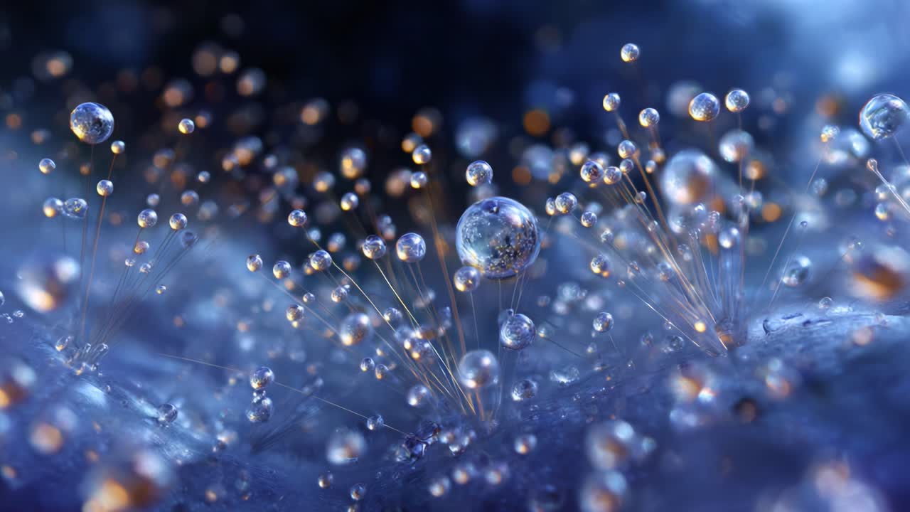 Glistening droplets emerge from a mystical terrain, creating an enchanting scene filled with shimmering light, capturing the essence of beauty in nature and abstract forms