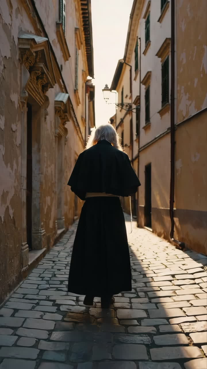 Monk Walking Down a Narrow Italian Street
