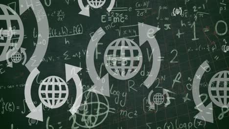 Animation-of-web-globe-icons-over-mathematical-equations-against-green-chalkboard-background