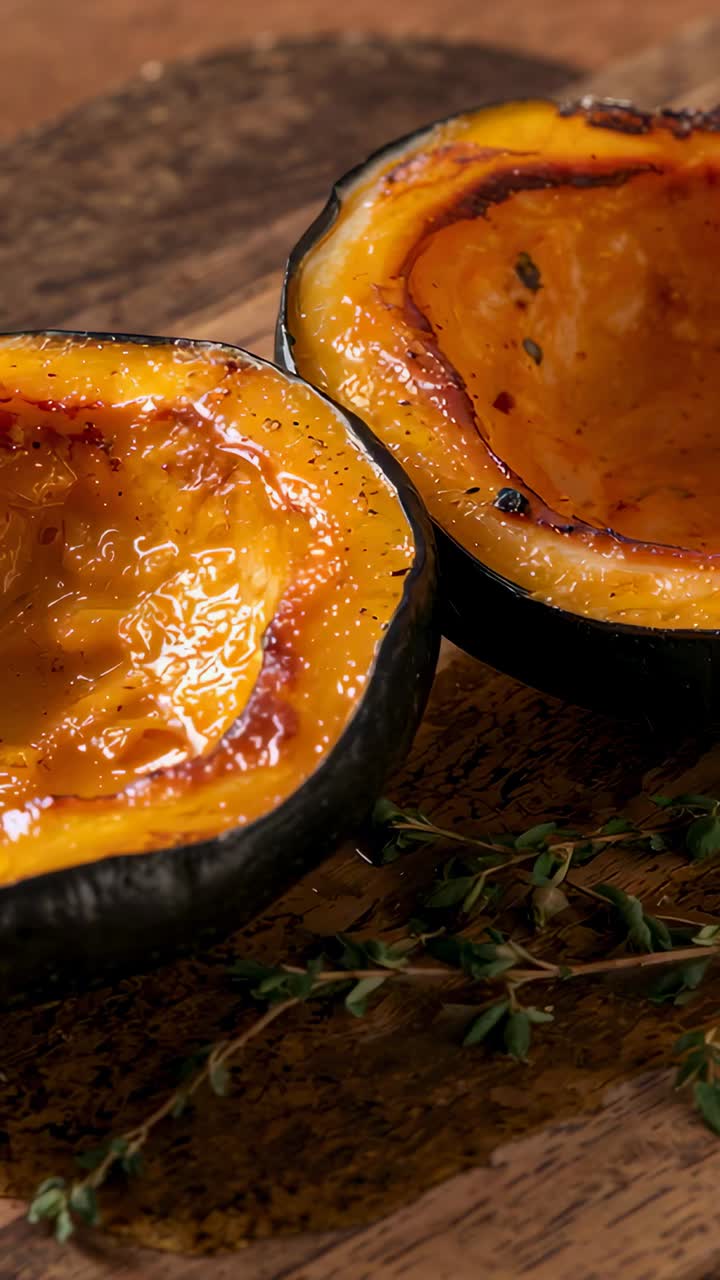 Vertical video: Shifting camera showing halved roasted acorn squash on board, capturing thyme glaze