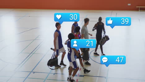 basketball players walking on court for sports marketing, showing floating heart and comment icons