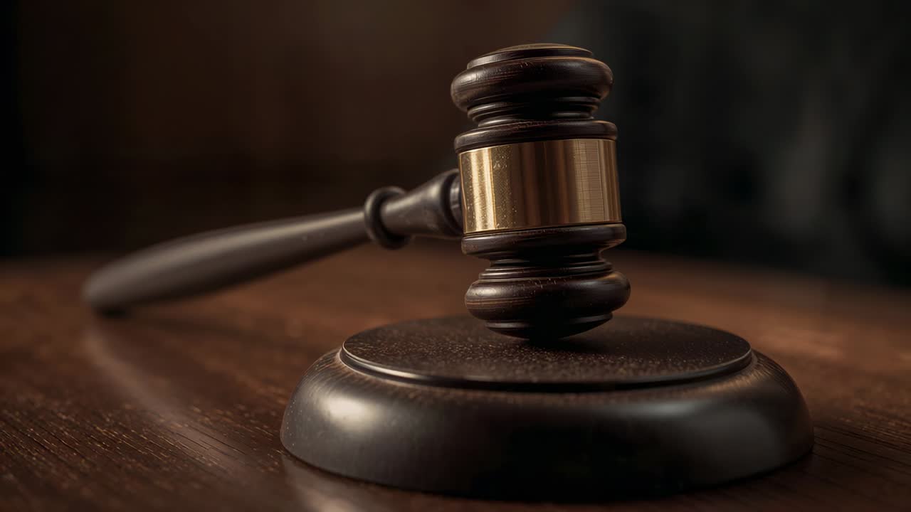 Focusing close-up judge's gavel head resting on polished bench, highlighting brass band and grain