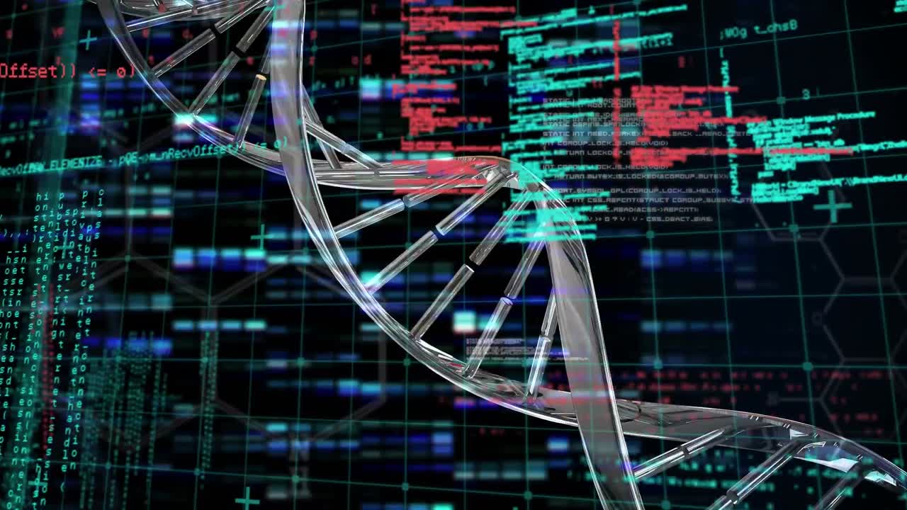 Animation of dna strand and data processing over black background