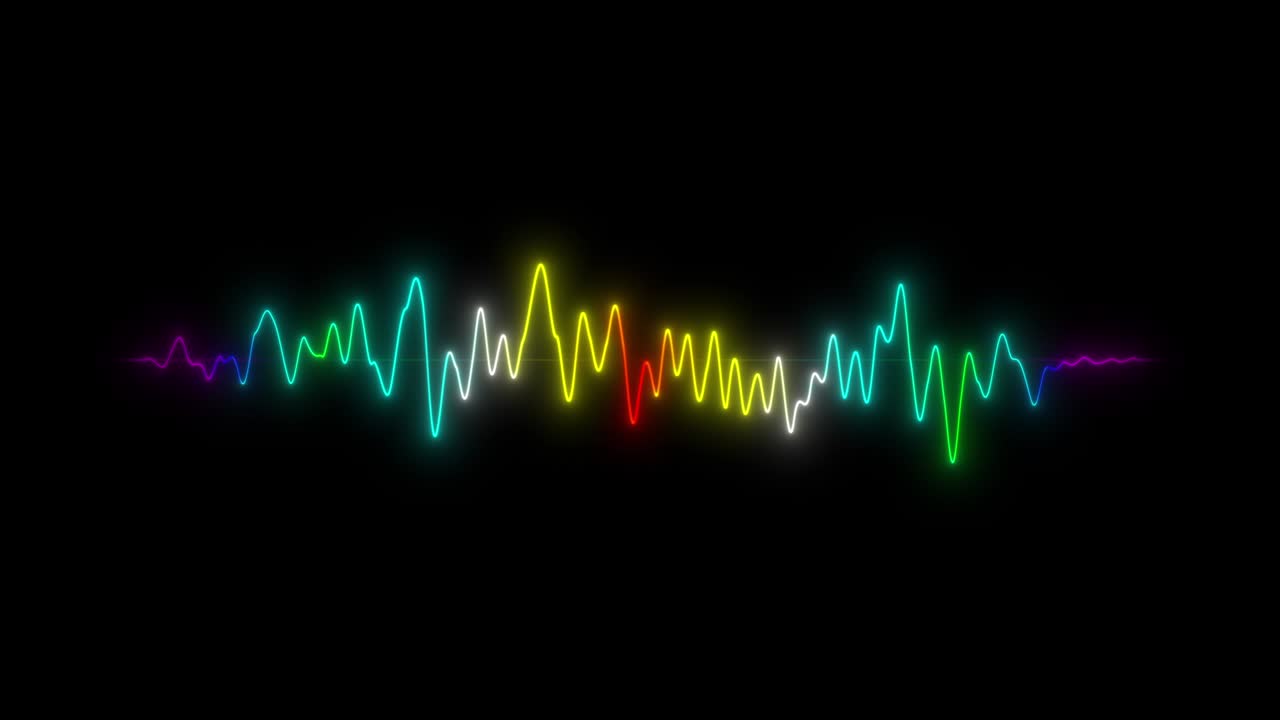 Colorful glowing neon waveform pulsing amplitude light on isolated black background. Rainbow audio and sound wave. Digital radio musical frequency diagram. 4K VFX motion footage video. Seamless loop
