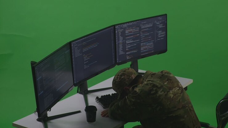 Вид сбоку: уставший солдат-азиат-разработчик спит, склонившись над кодом, перед несколькими компьютерными мониторами в студии хромакея.