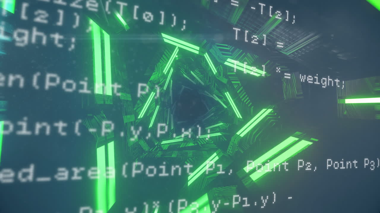 Animation of data processing over neon tunnel on black background