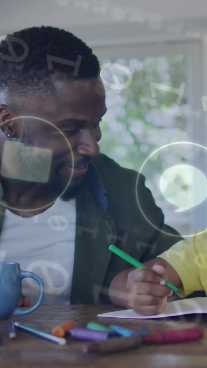 Vertical video: Kid picking green pen, man guiding drawing for study as UI icons fading over paper