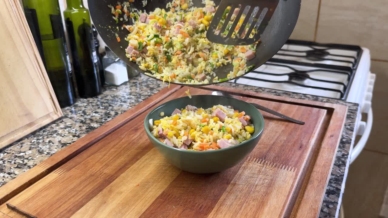 Freshly Cooked Chow Fan Rice Meal Placed In A Bowl. Close-up Shot