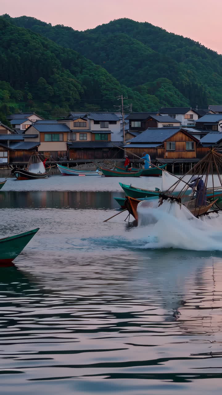 Fishing Boats in a Japanese Village at Sunrise/Sunset