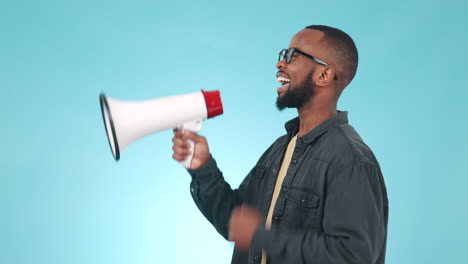 megaphone, change or black man speaking in studio