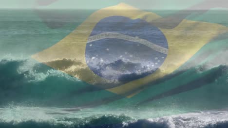 Animation-of-flag-of-brazil-waving-over-crashing-waves-in-sea