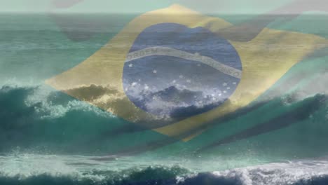 animación de la bandera de brasil ondeando sobre las olas que se estrellan en el mar