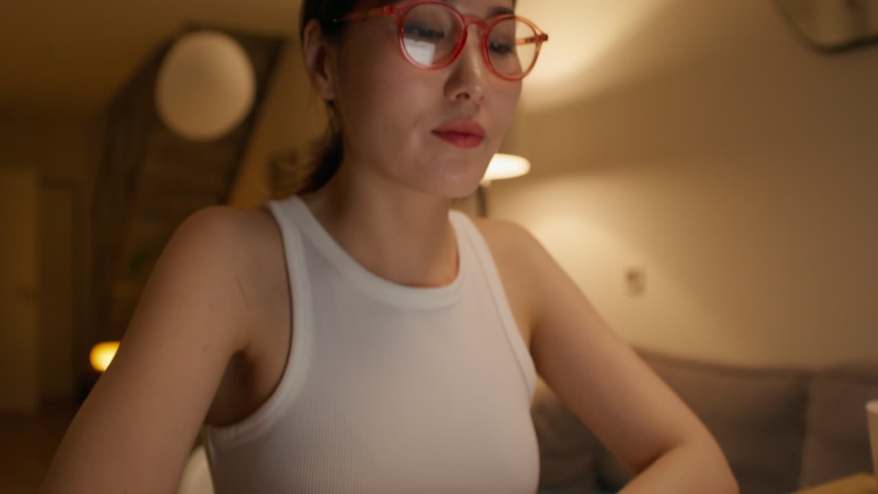 밤에 집에서 일하는 여성