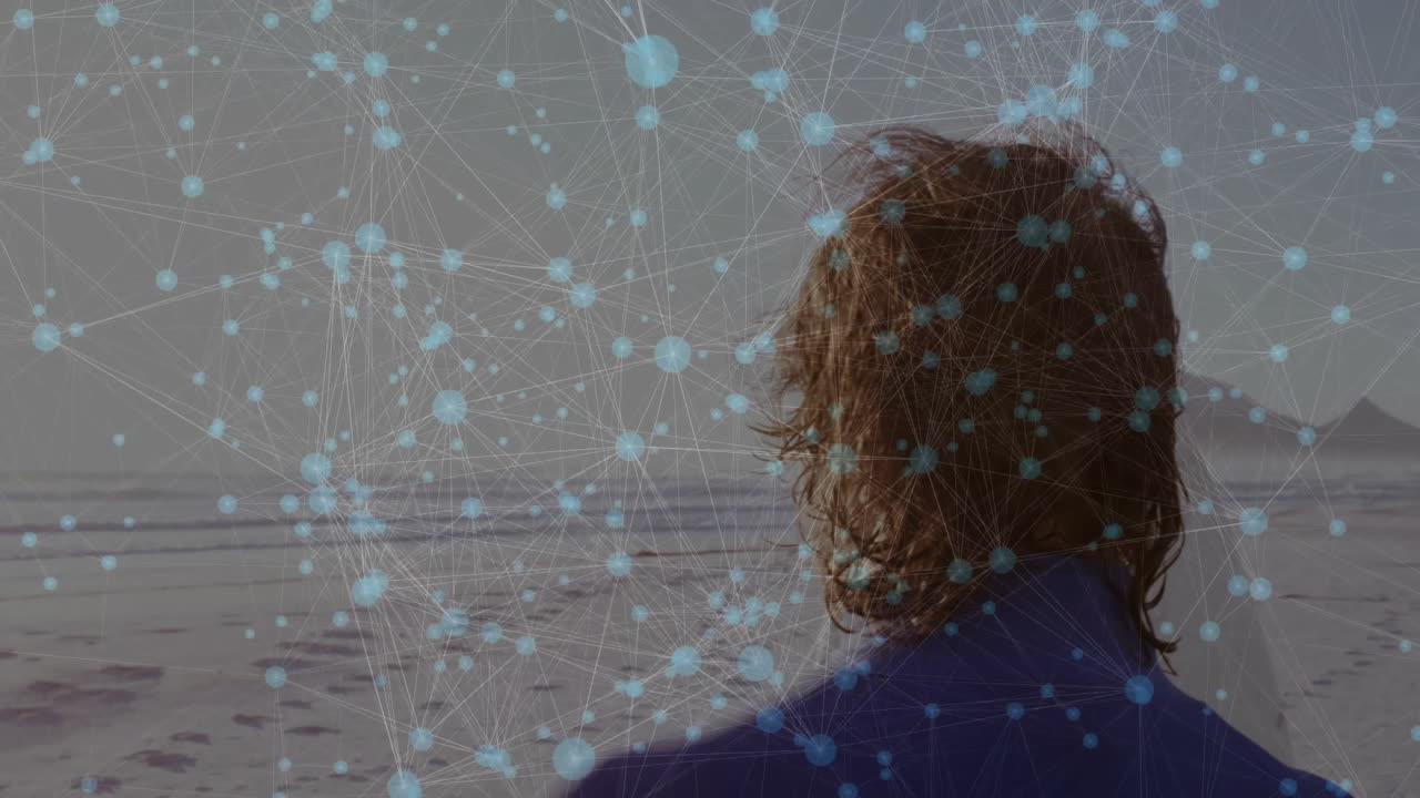 Network of connections and data processing animation over person looking at ocean