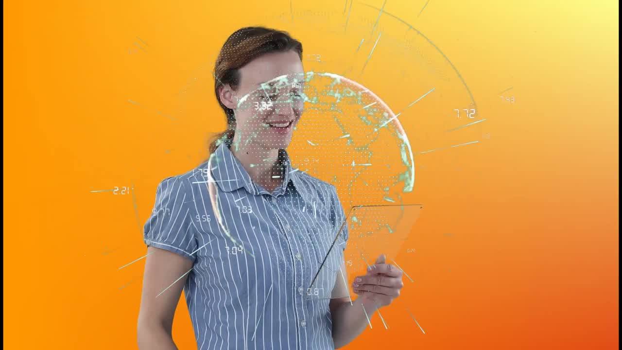 animación del globo sobre la mujer caucásica usando pantalla digital