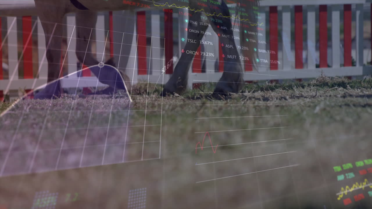 Financial data charts animating over people walking on grass in park