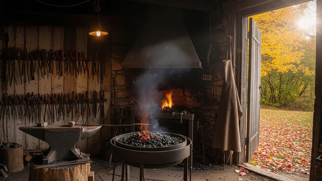 A Glimpse into Traditional Blacksmithing: The Craft of Forging with Fire in a Rustic Workshop Surrounded by Autumn Colors