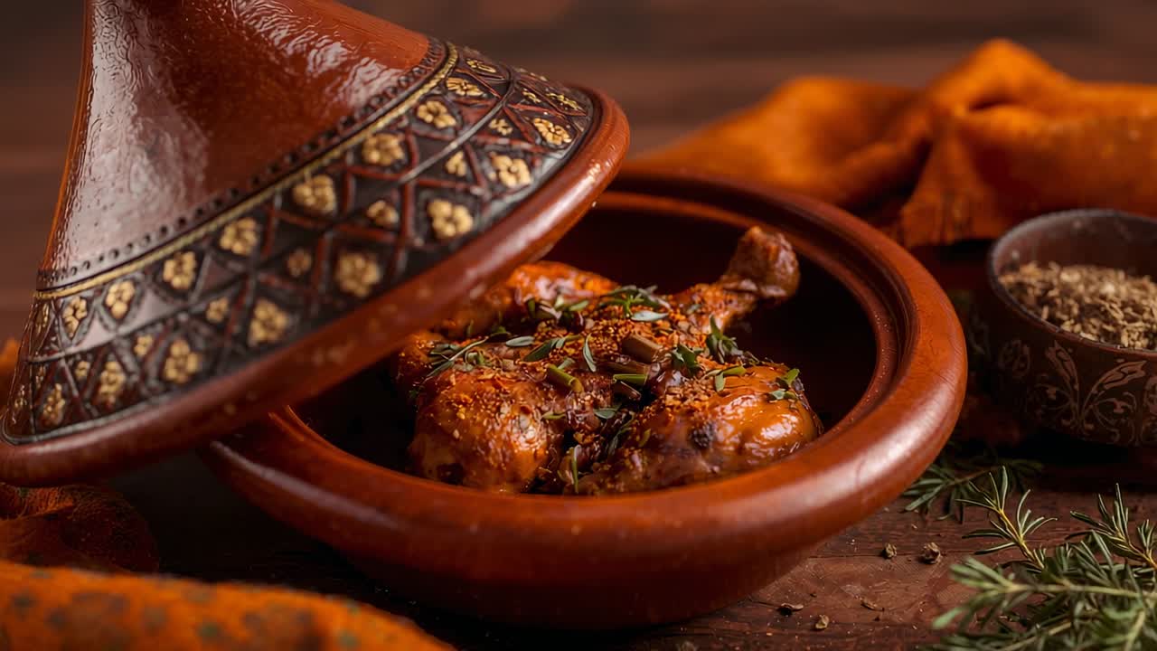 Sliding conical tagine lid, revealing glazed chicken in clay tagine on wooden table for serving
