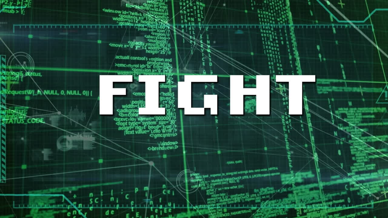 검은색 배경에서 연결 네트워크와 데이터 처리를 통해 싸움 텍스트의 애니메이션