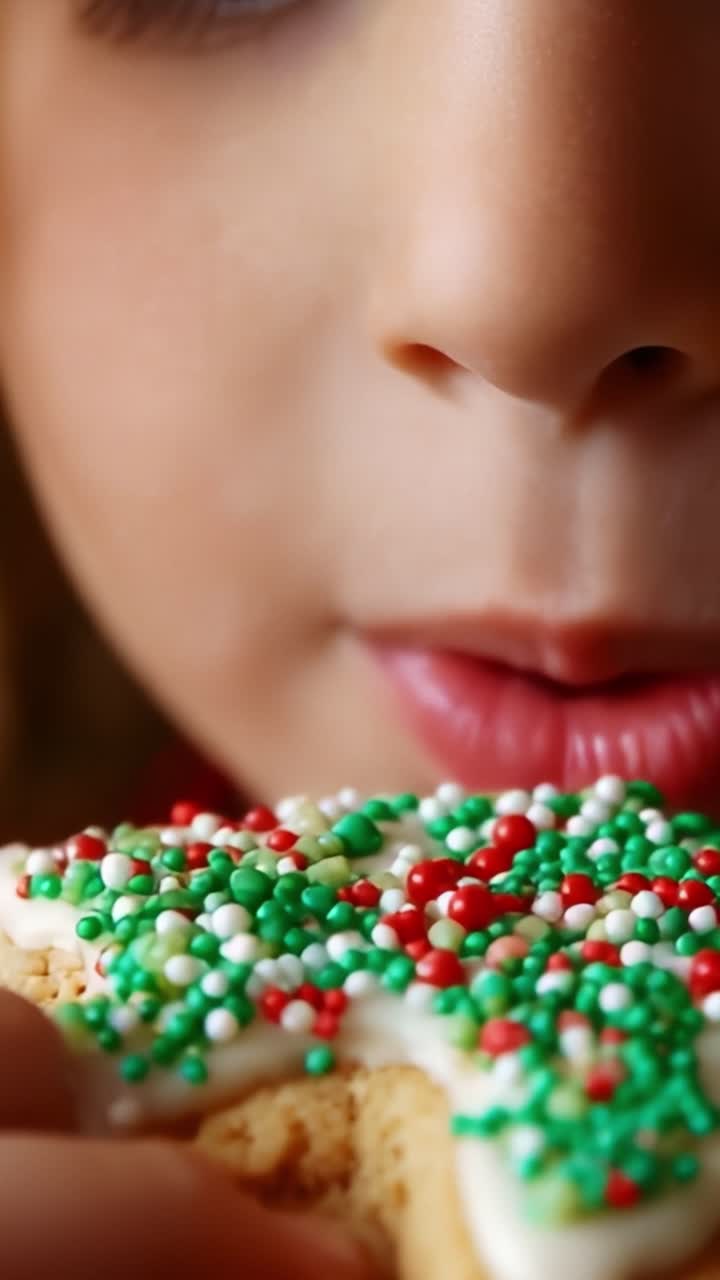 Delightful Close-Up of a Child's Anticipation as They Prepare to Taste a Colorfully Decorated Cookie, Showcasing the Intricate Details of Icing and Sprinkles in a Festive Atmosphere