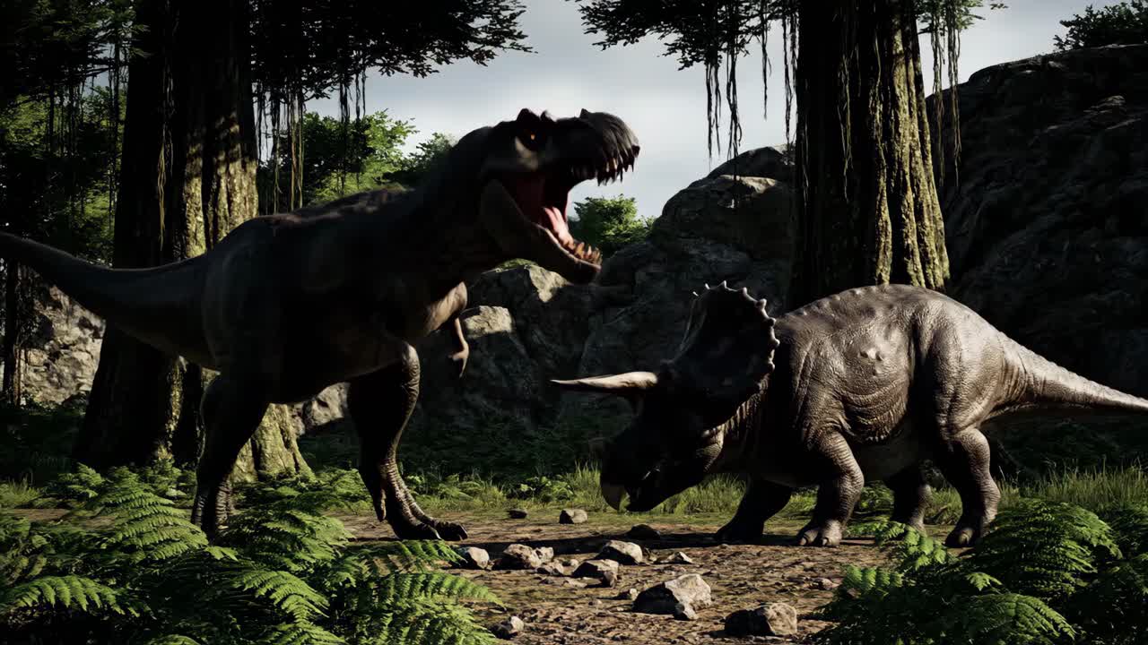 Tyrannosaurus Rex fighting a Triceratops in the Jungle