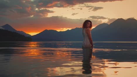 Atmospheric-Cinemagraph---Seamless-video-loop-of-a-beautiful-young-model-woman-standing-in-the-waves-of-lake-Walchensee-in-Southern-Germany-Bavaria-in-a-white-fashion-dress-by-sunset,-facing-the-sun