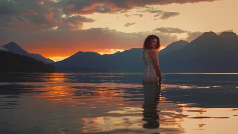 atmospheric cinemagraph - seamless video loop of a beautiful young model woman standing in the waves of lake walchensee in southern germany-bavaria in a white fashion dress by sunset, facing the sun